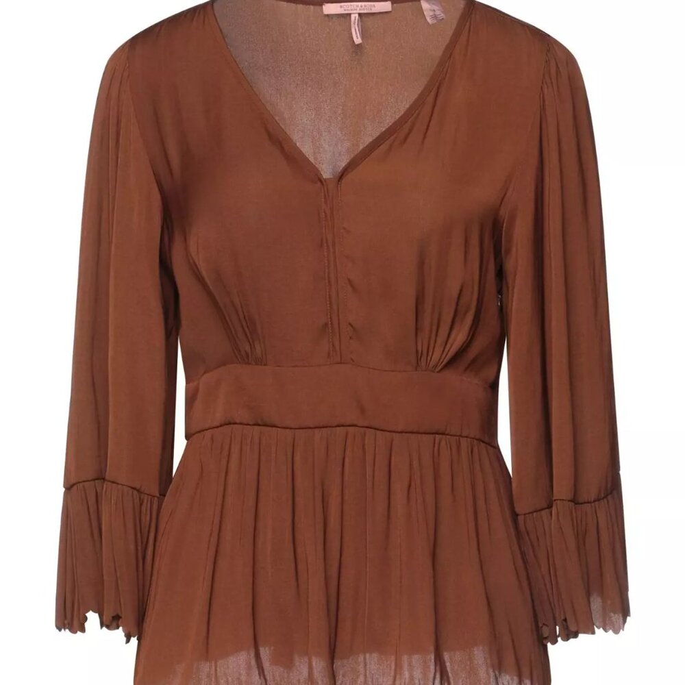Scotch & Soda Peplum Top Size Small Brown V Neck Flare Scallop Sleeve Blouse